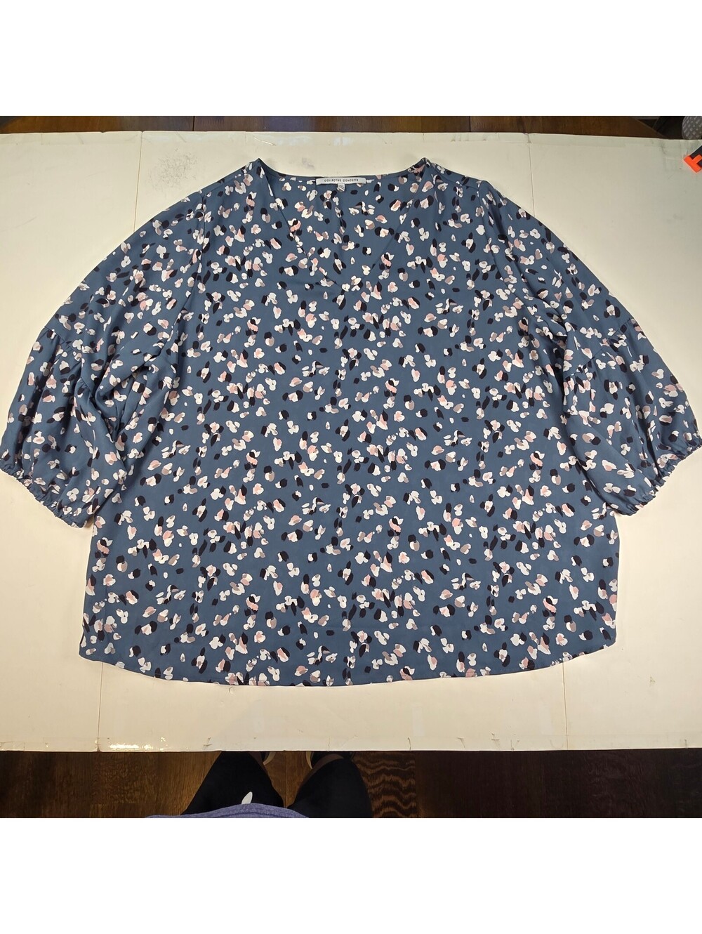 Collective Concepts Blue Abstract Print Puff Sleeve Blouse 3X